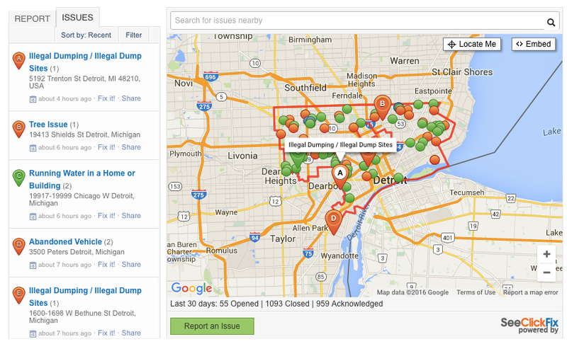 Improve Detroit’s 311 requests are plotted publicly on a map.